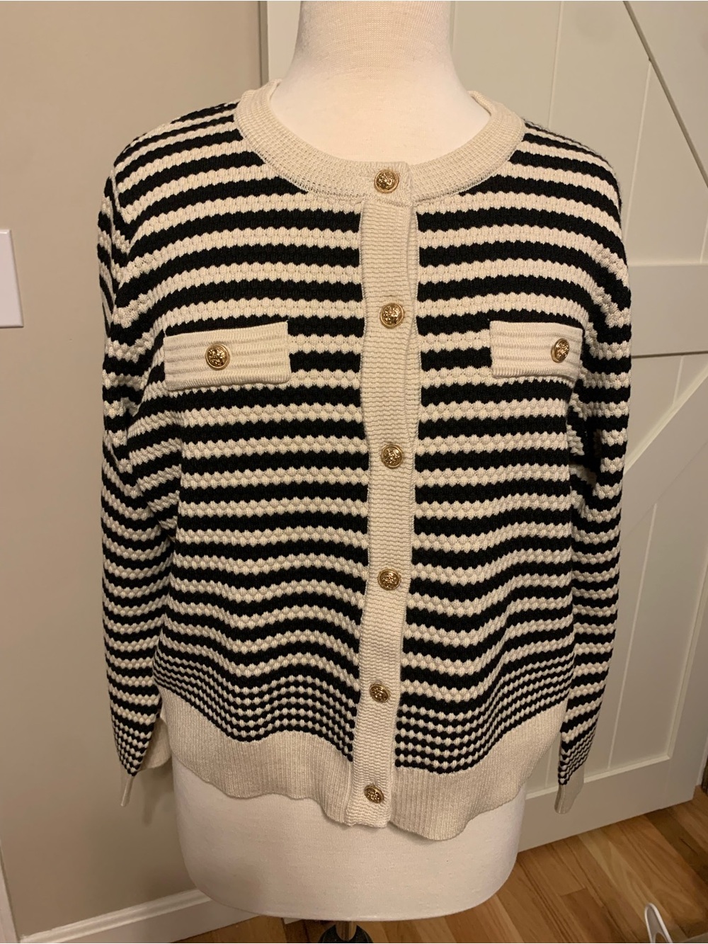 Adrianna Papell Black and Cream Striped Button-Front Cardigan DP